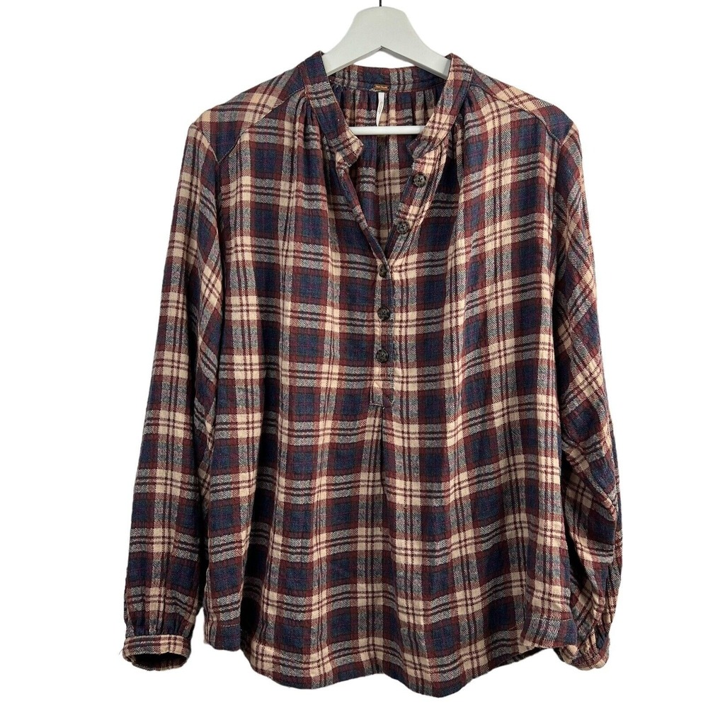 Free People Sz XS Button Front Shirt Northern Bound Plaid Flannel Onyx Oversized - Picture 3 of 11